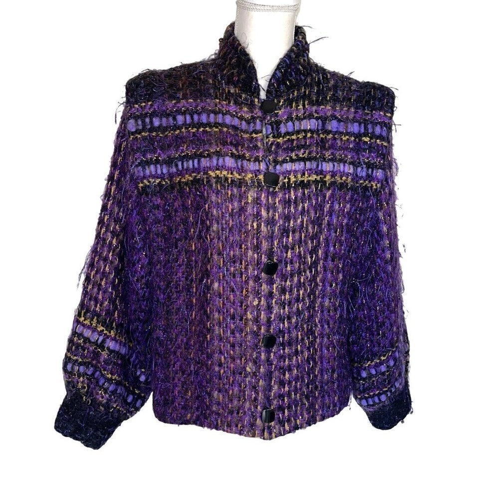 Fiberworks Womens Jacket Size Medium Purple Vintage Handwoven Buttons Pockets